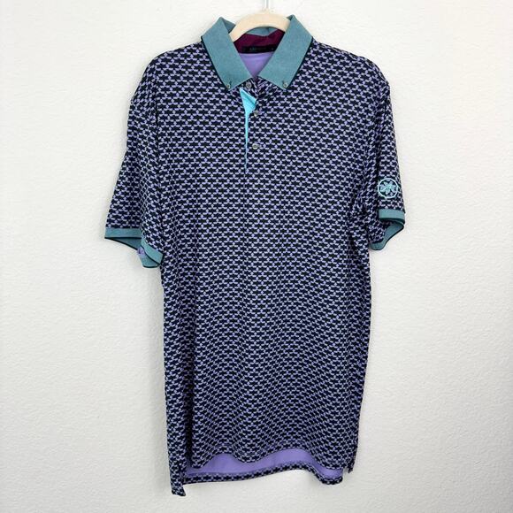 Greyson Mens Thunderbird Polo Shirt Size L Golf Active Geo Print Contrast Purple - Picture 1 of 7